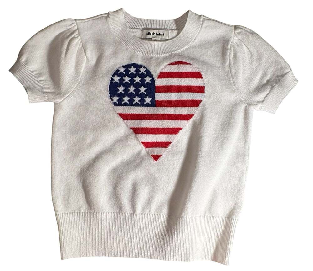 nik & leksi Girls White Short Puff Sleeve American Flag Heart Sweater NWT